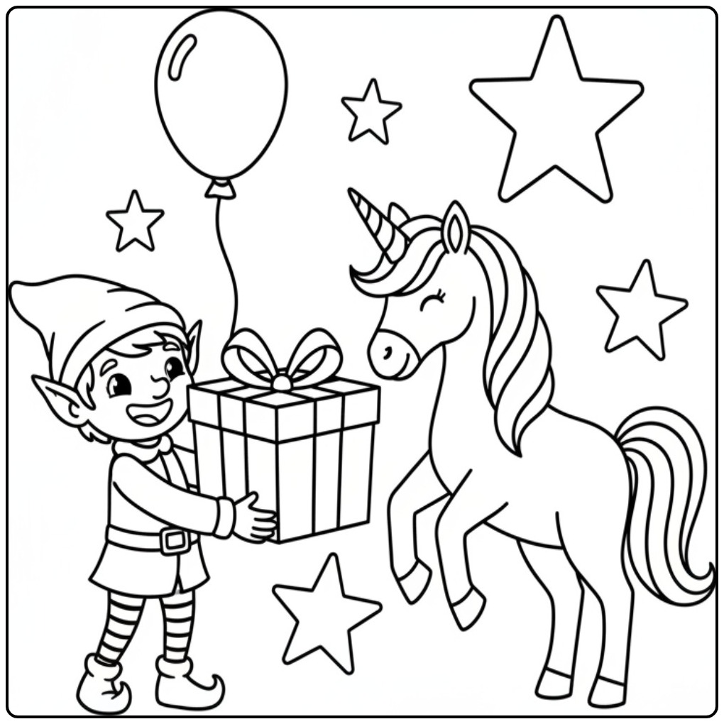 Een vrolijke kleurplaat elfje en eenhoorn met een groot cadeau.
