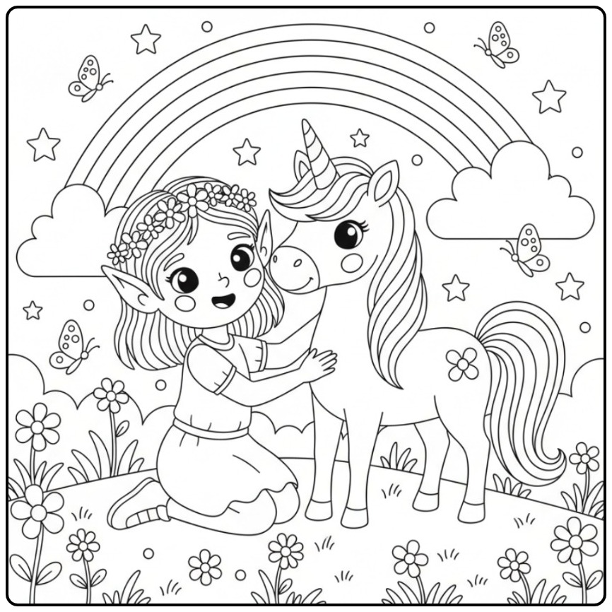 Vrolijke Kleurplaat elfje en eenhoorn met regenboog in wei.