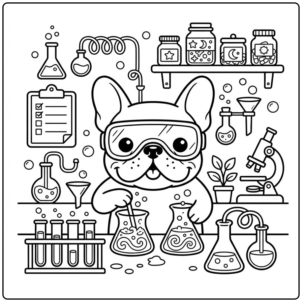 Schattige wetenschapper hond kleurplaat franse bulldog in een lab.