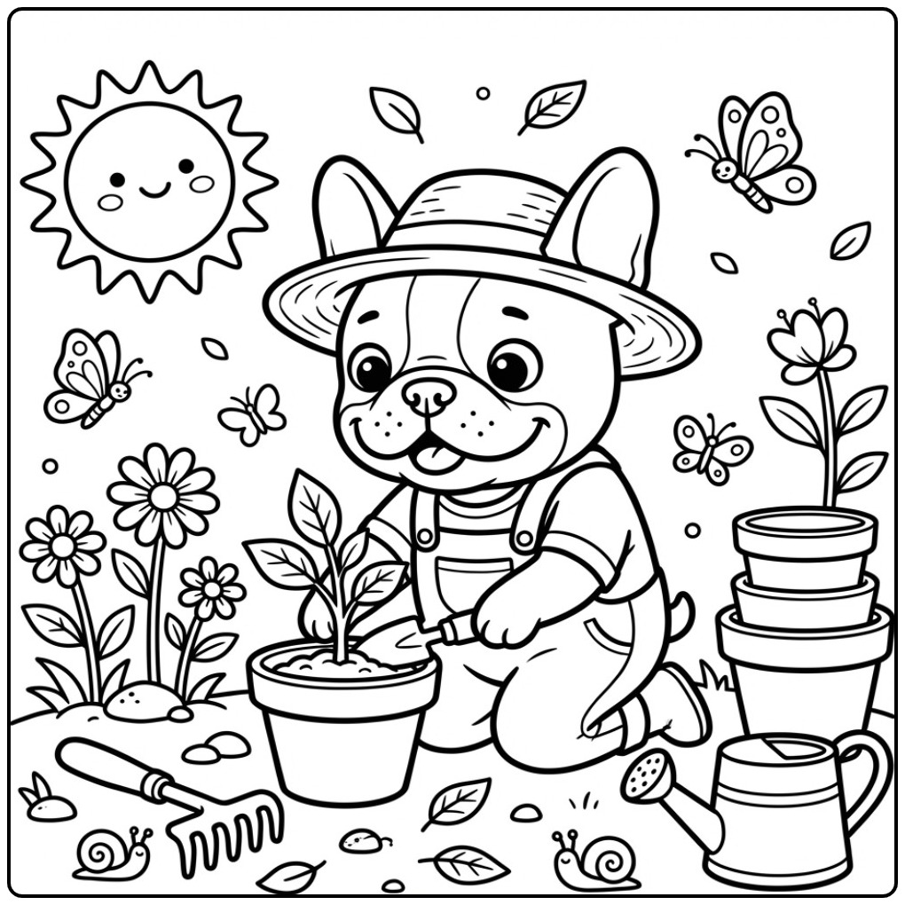 Een schattige kleurplaat franse bulldog die in de tuin werkt.