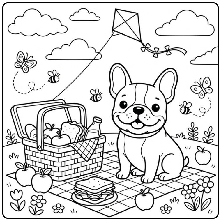 Vrolijke kleurplaat franse bulldog met een picknickmand.