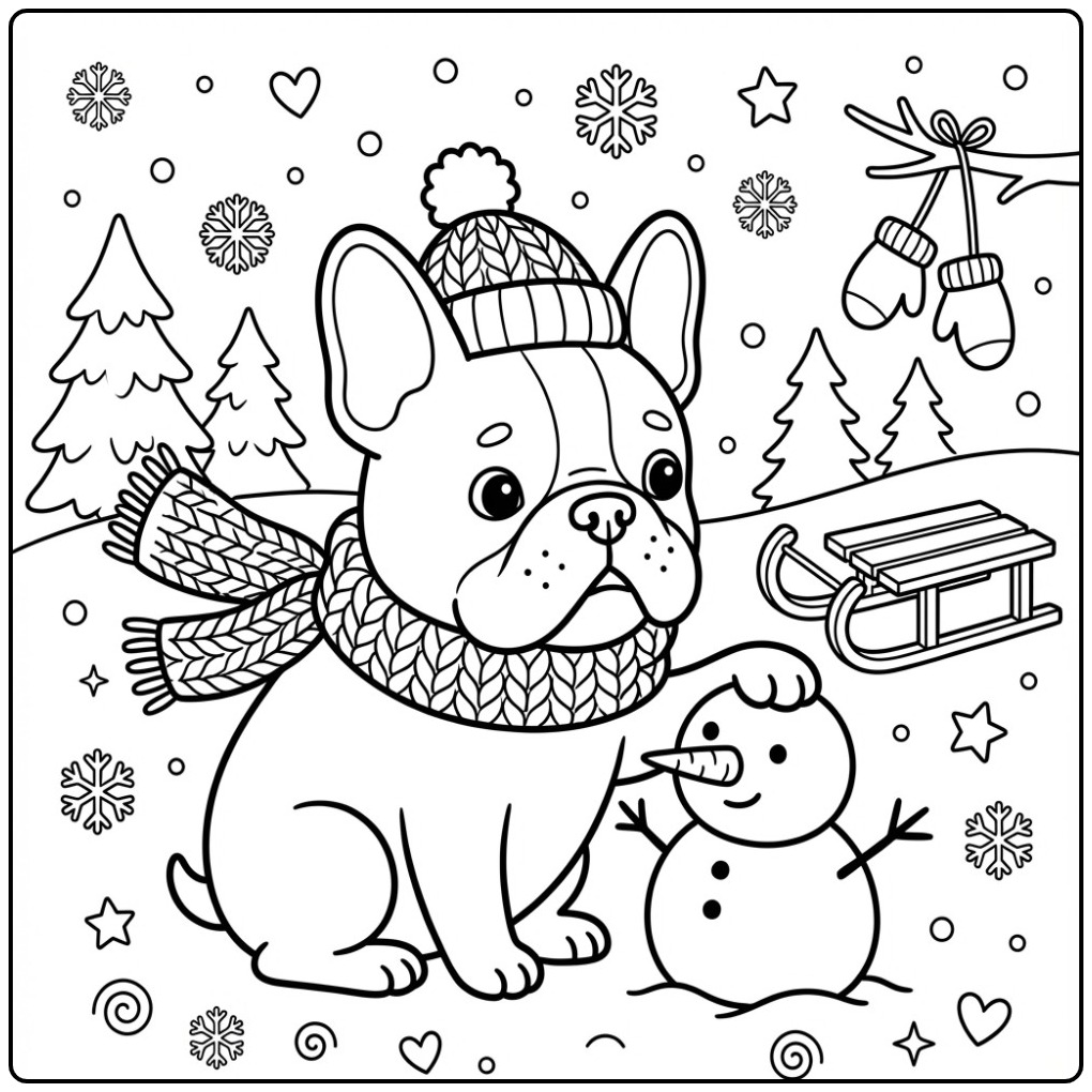 Schattige kleurplaat franse bulldog met een sneeuwpop winter.