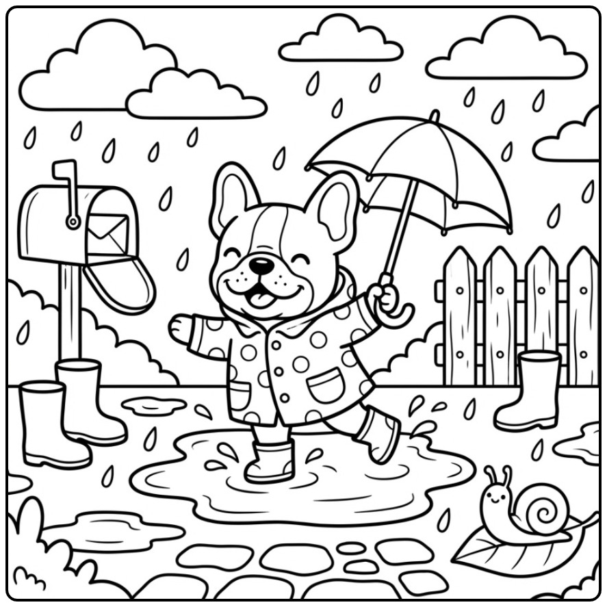 Een vrolijke kleurplaat franse bulldog die in een plas springt.