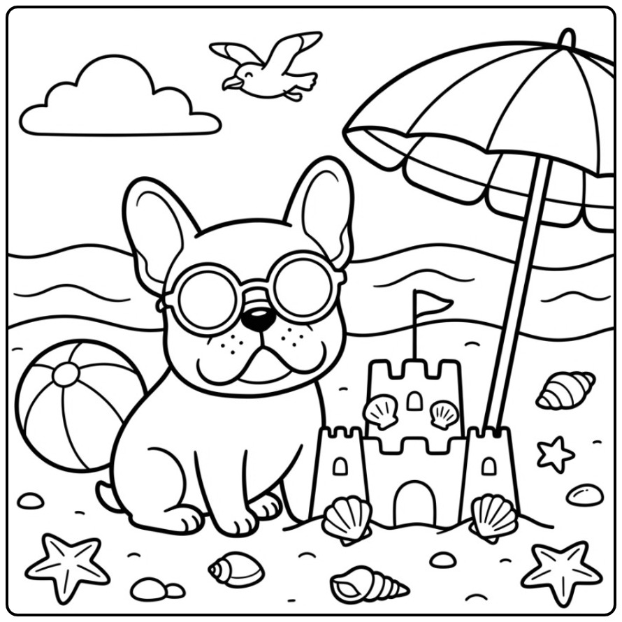 Zomerse kleurplaat franse bulldog op het strand met zonnebril.