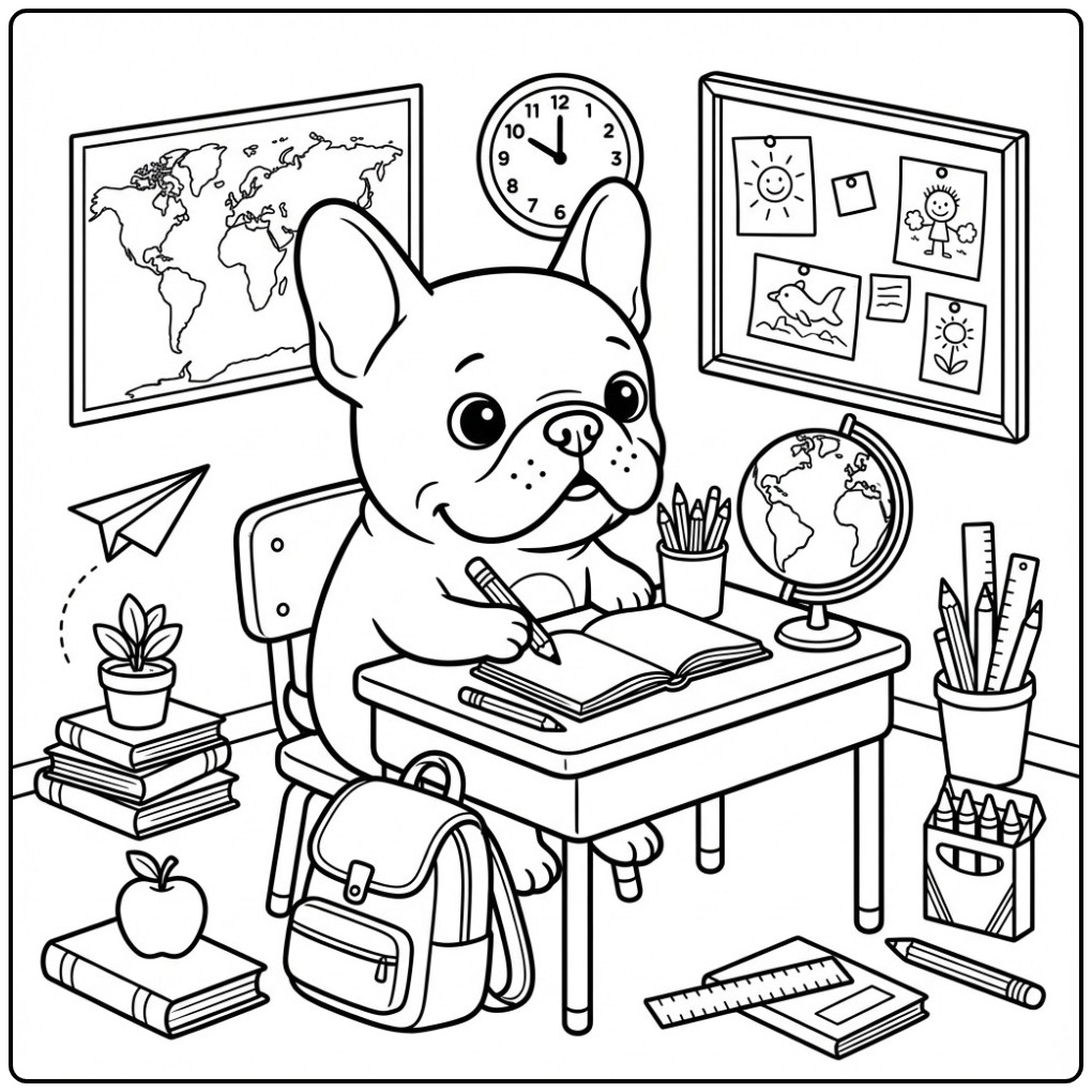 Een schattige kleurplaat franse bulldog die leert in een klas.