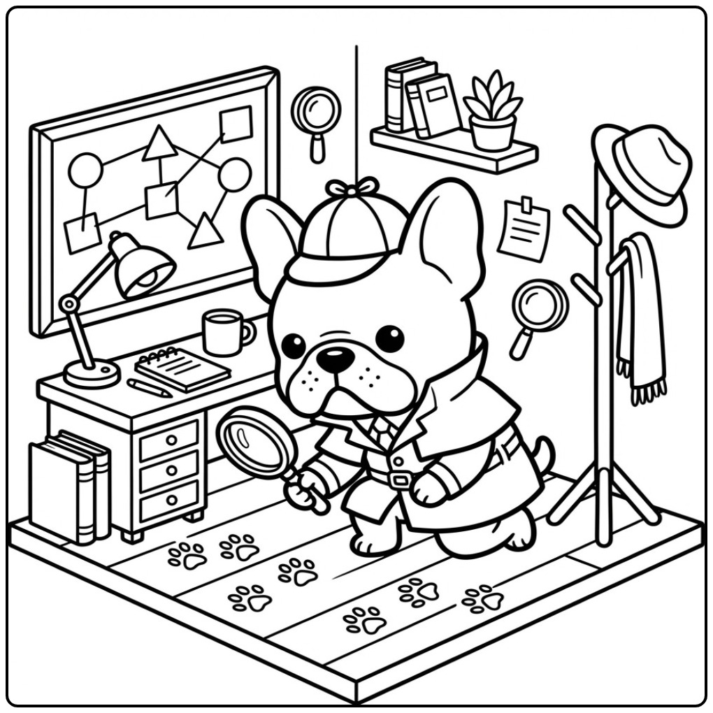 Een schattige kleurplaat franse bulldog als detective in kantoor.