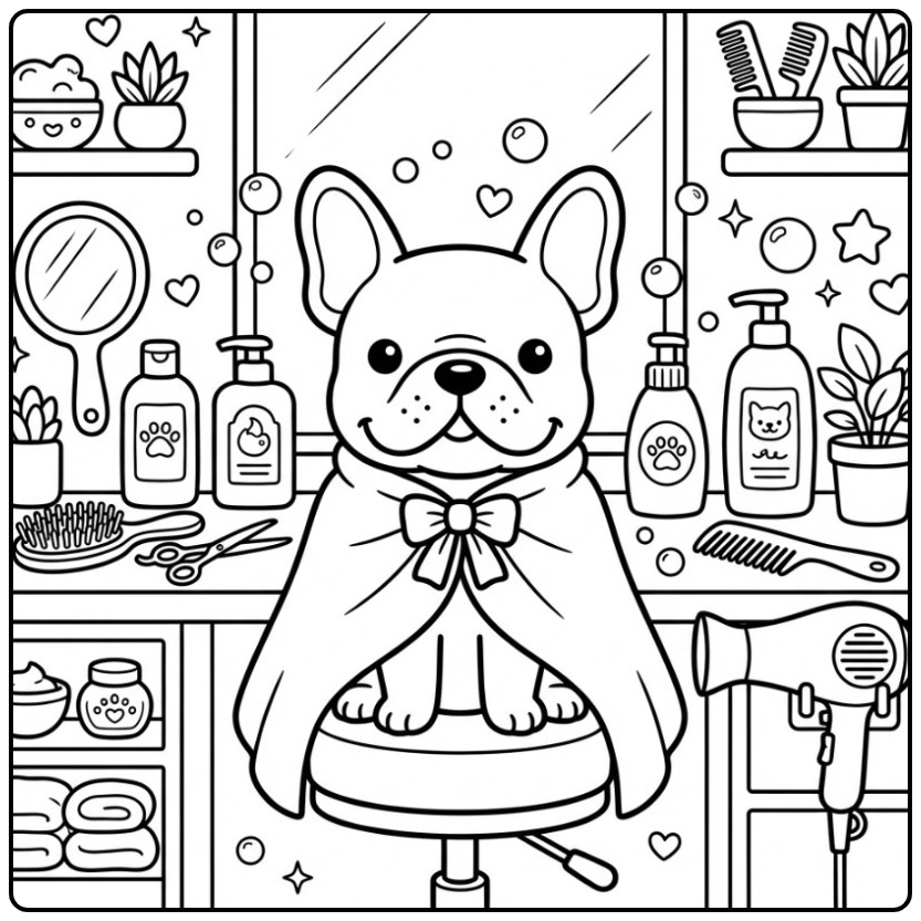 Schattige kleurplaat franse bulldog in een trimsalon.