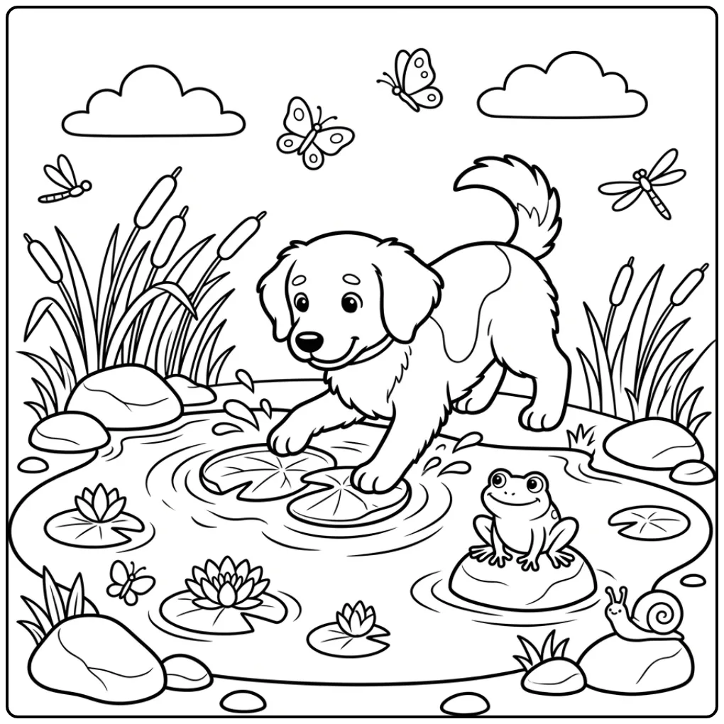 Vrolijke kleurplaat friese stabij speelt met water.