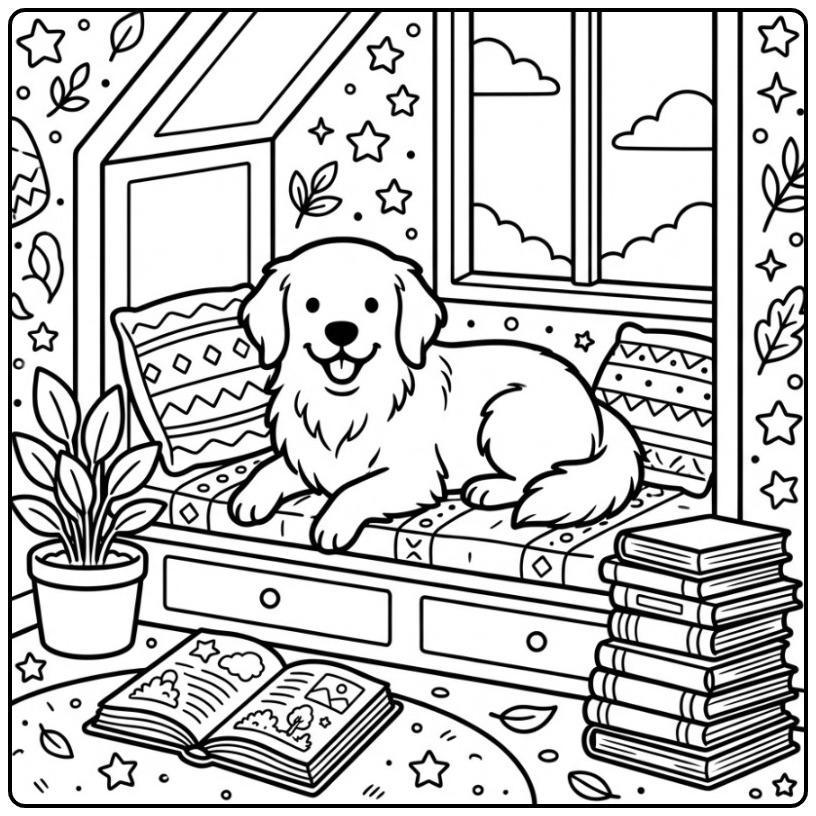 Een vrolijke kleurplaat golden retriever op een vensterbank.