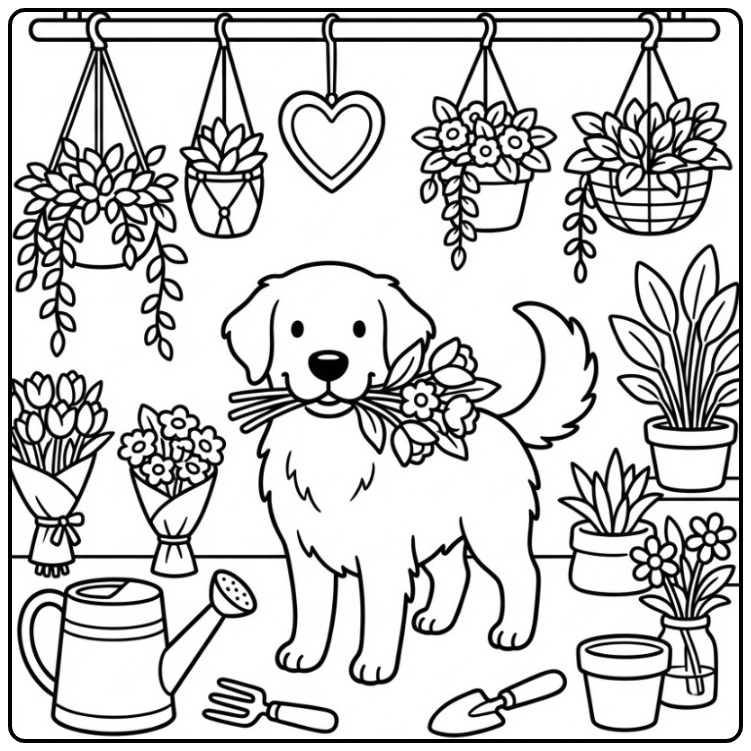 Vrolijke kleurplaat golden retriever met bloemen en planten.