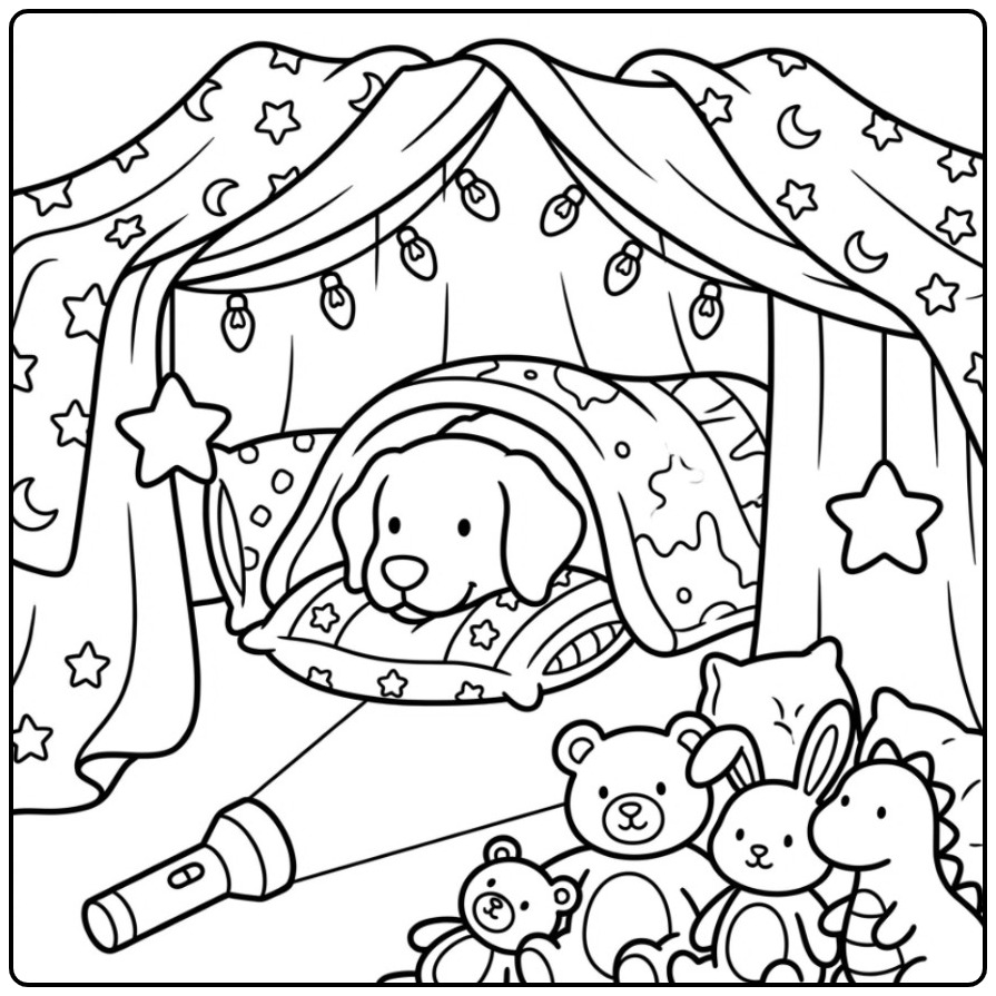 Een schattige kleurplaat golden retriever in een knus fort.