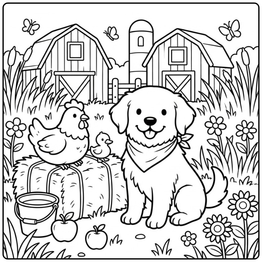 Een vrolijke kleurplaat golden retriever op de boerderij.