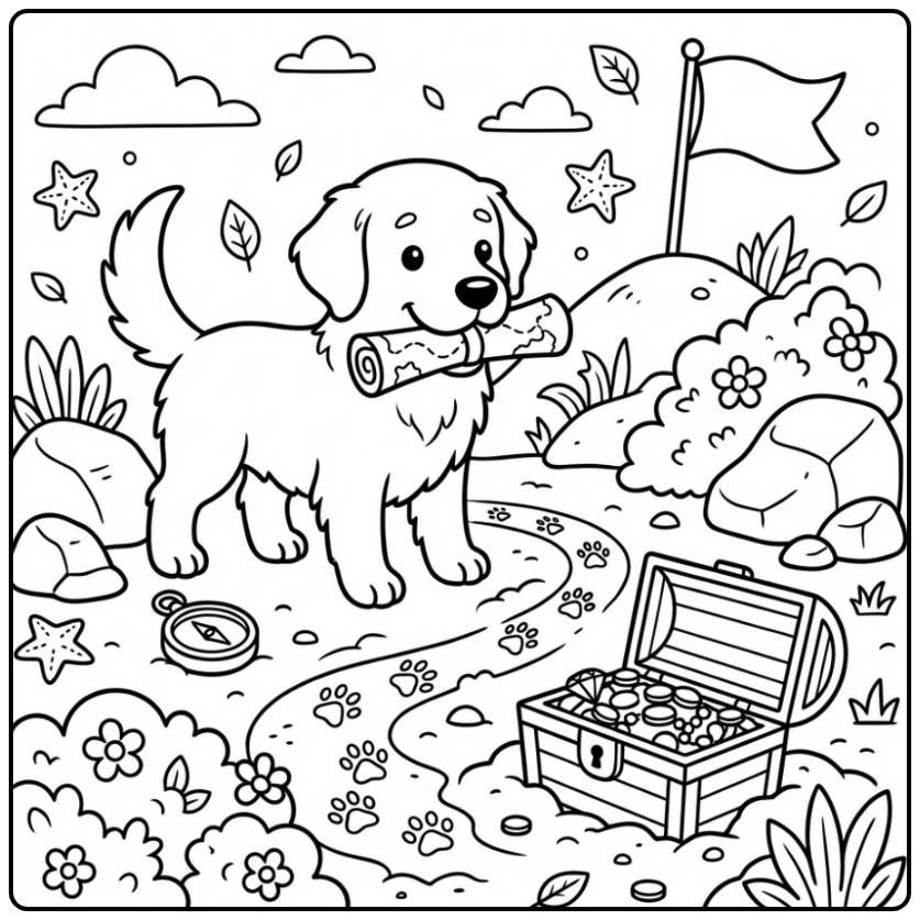 Avontuurlijke kleurplaat golden retriever met een schatkaart.