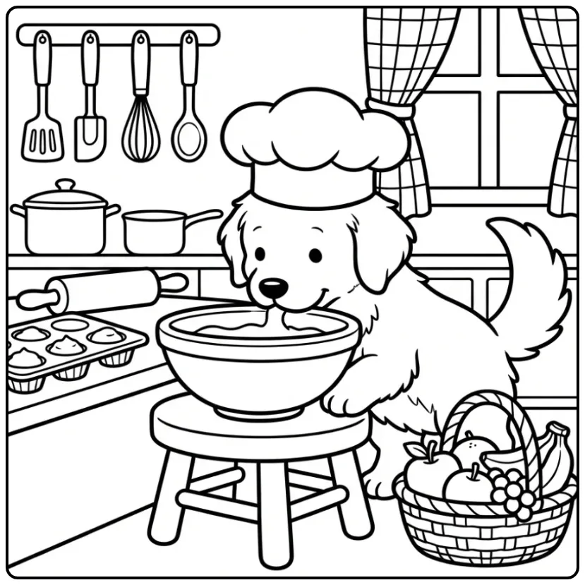 Printbare kleurplaat golden retriever puppy met koksmuts.