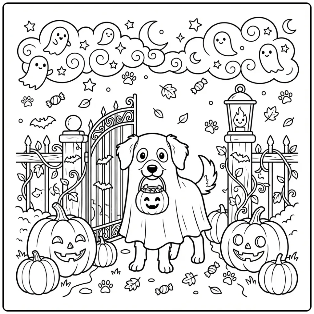 Een schattige kleurplaat halloween hond als spook met pompoenen.