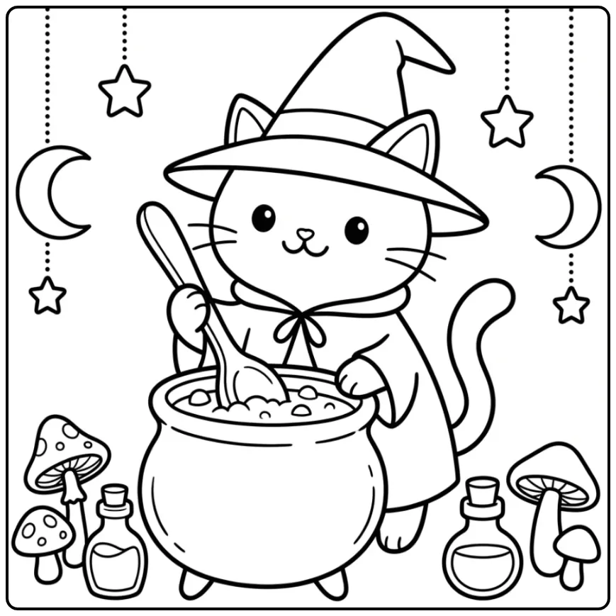 Schattige kleurplaat halloween kat roert in een heksenketel