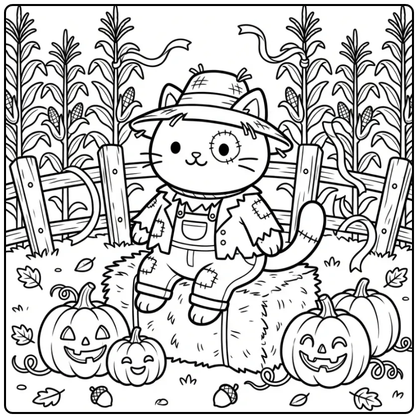 Kleurplaat halloween kat als vogelverschrikker op hooi.