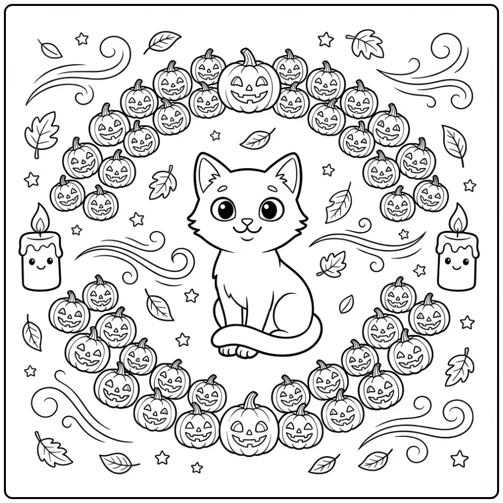 Een schattige kleurplaat halloween kat met pompoenen en kaarsen.