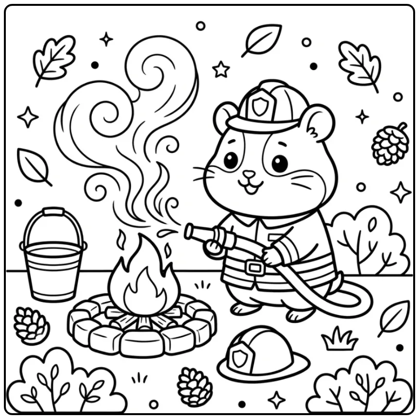 Een schattige kleurplaat hamster als brandweerman met slang.
