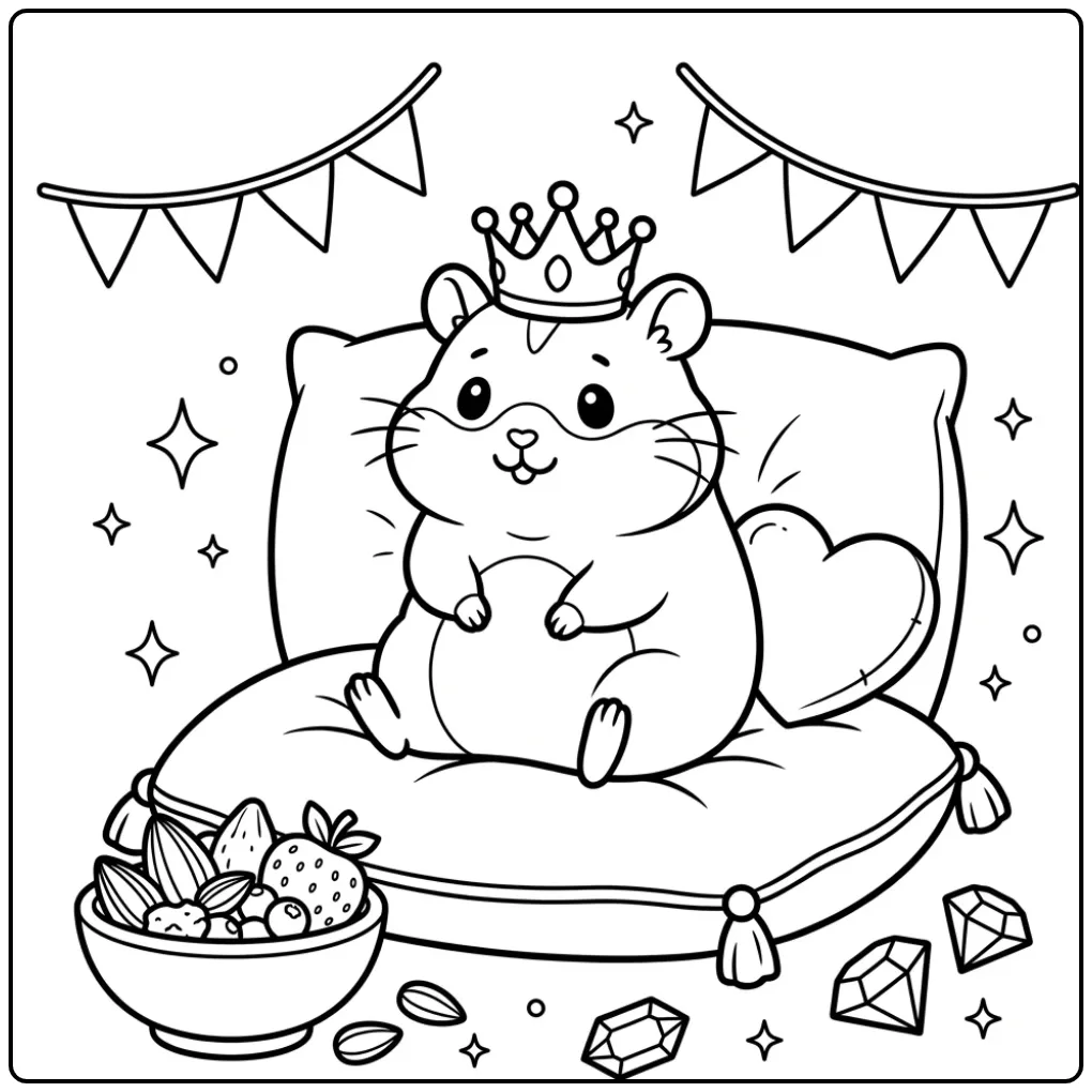 Schattige kleurplaat hamster met kroon op een zachte troon.
