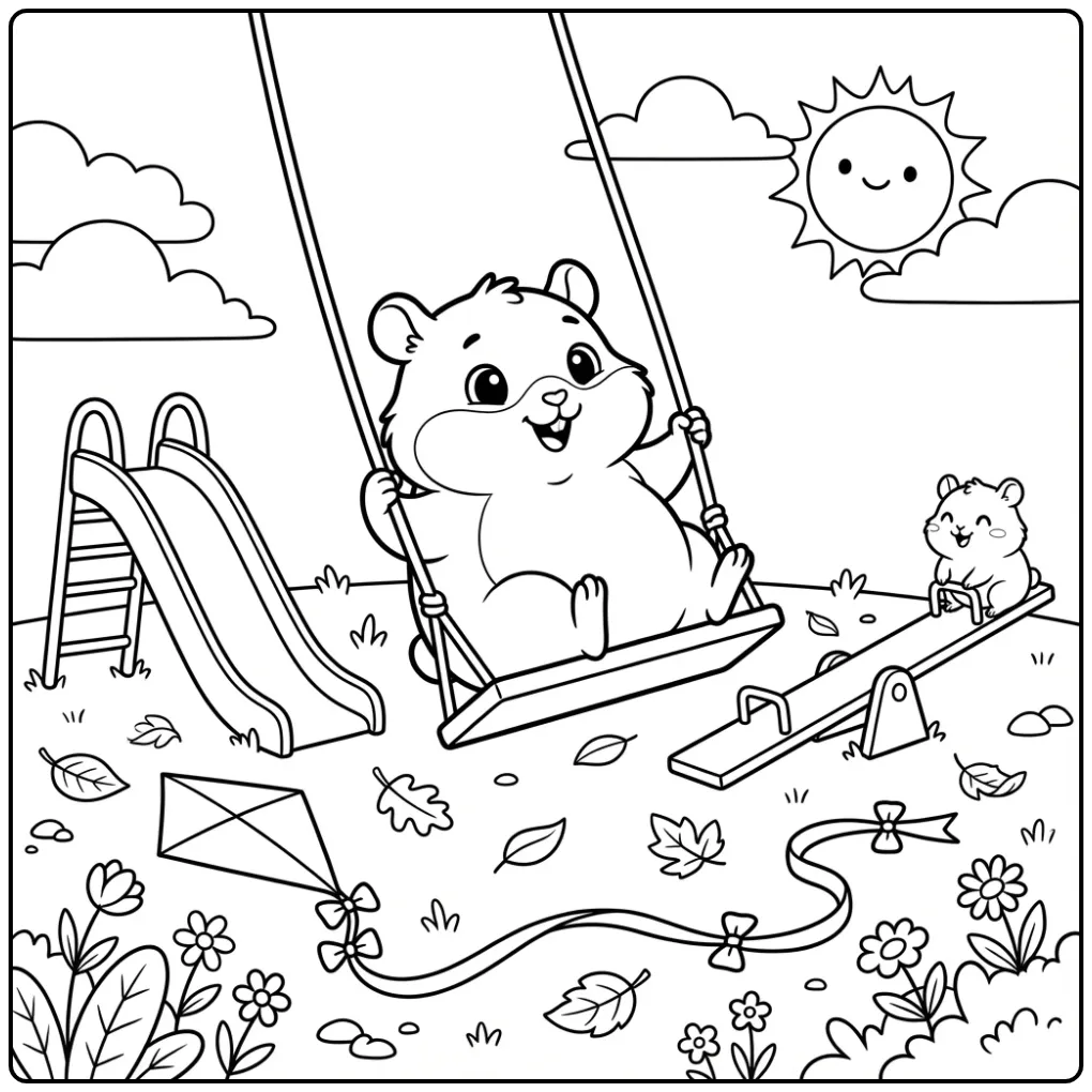 Vrolijke kleurplaat hamster op een schommel in de speeltuin.