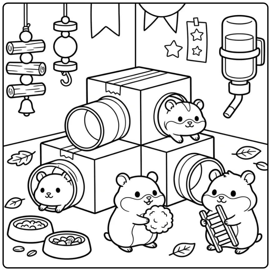 Vrolijke kleurplaat hamsters in een kartonnen stad.