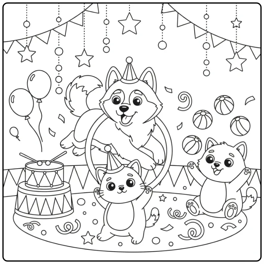 Een schattige kleurplaat hond en kat in een circusvoorstelling.