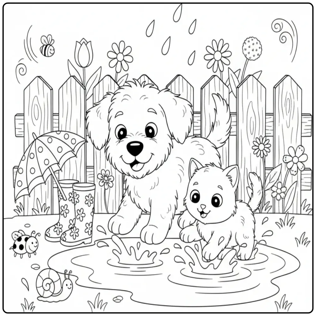 Een vrolijke kleurplaat hond en kat spetterend in een plas.