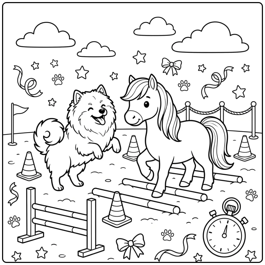 Vrolijke kleurplaat hond en paard op een trainingsdag.