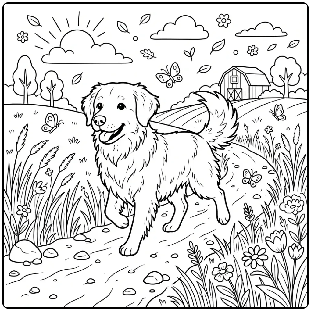 Vrolijke kleurplaat hond Friese Stabij op een landpad.