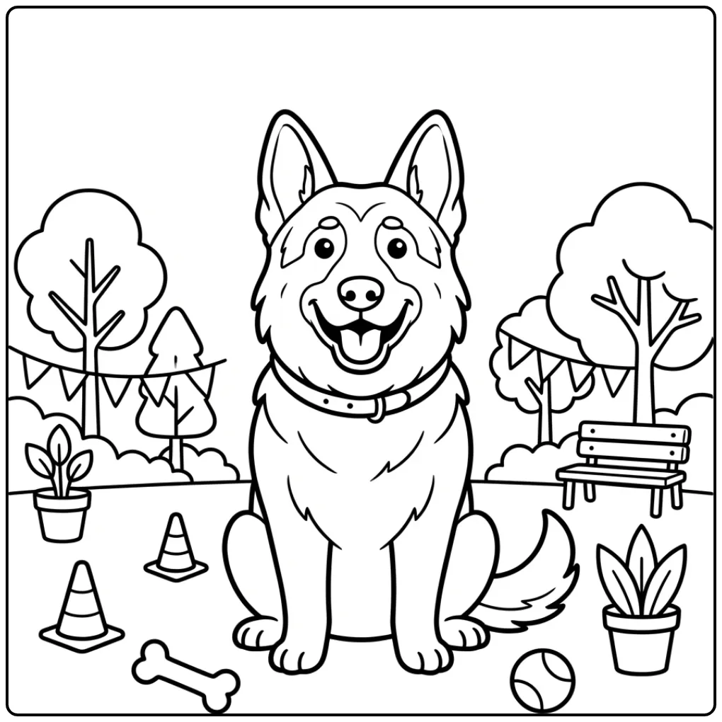 Duitse herder traint op deze kleurplaat hond schattig.