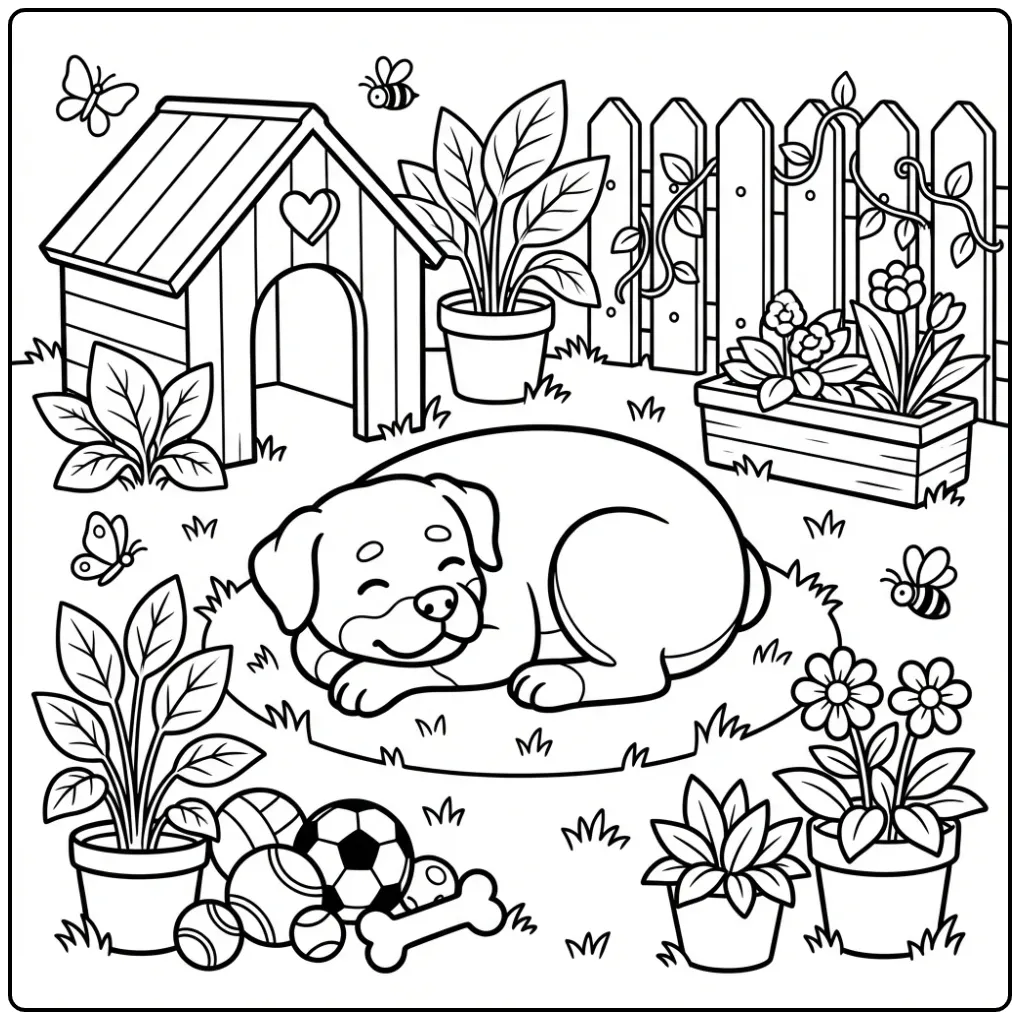 Kleurplaat hond met een rustende Rottweiler in de tuin.