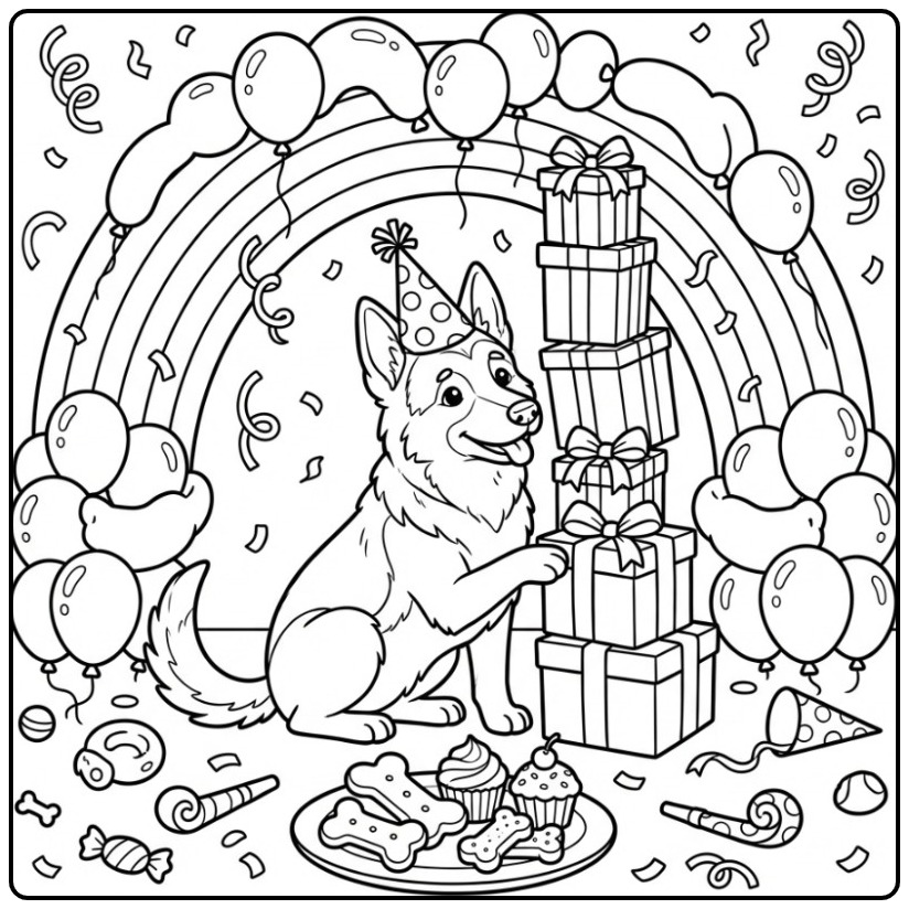 Feestelijke kleurplaat hond verjaardag met een Duitse herder.