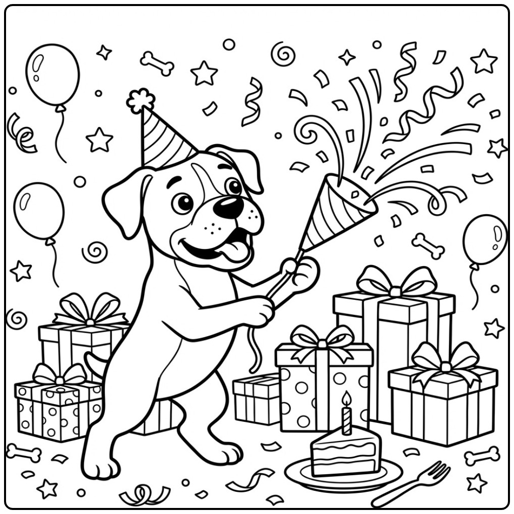 Een vrolijke boxer op een kleurplaat hond verjaardag feest.