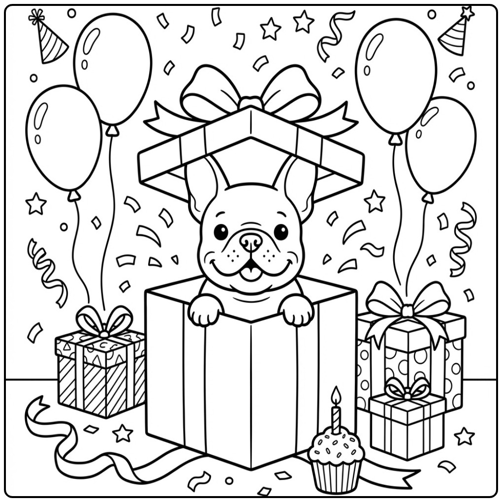 Schattige Franse Bulldog kleurplaat hond verjaardag uit een doos.