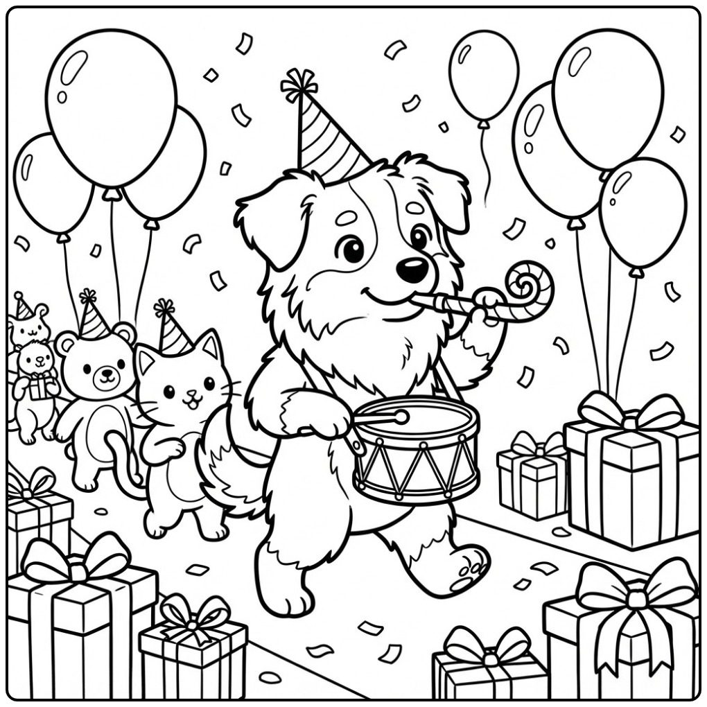 Vrolijke kleurplaat hond verjaardag met Australische Herder.