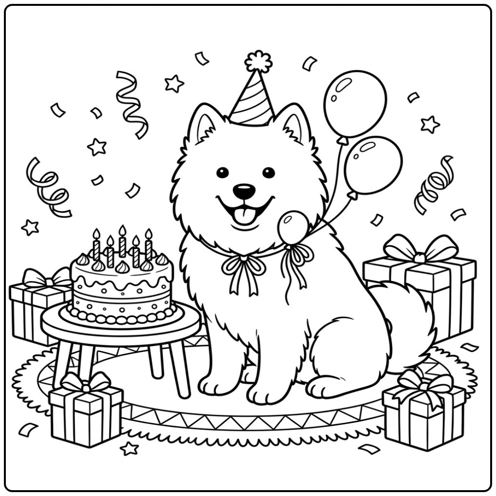 Een vrolijke kleurplaat hond verjaardag met een Samojeed.