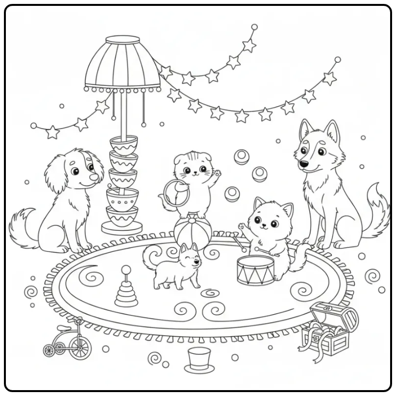 Een schattige kleurplaat honden en katten in een circusscène.