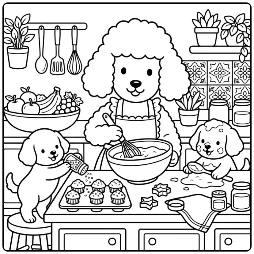 Schattige kleurplaat honden puppies bakken taartjes