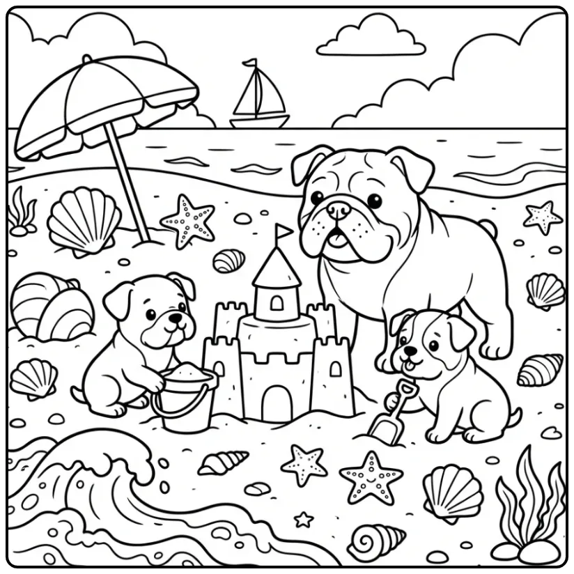 Kleurplaat honden puppies met bulldog en zandkasteel