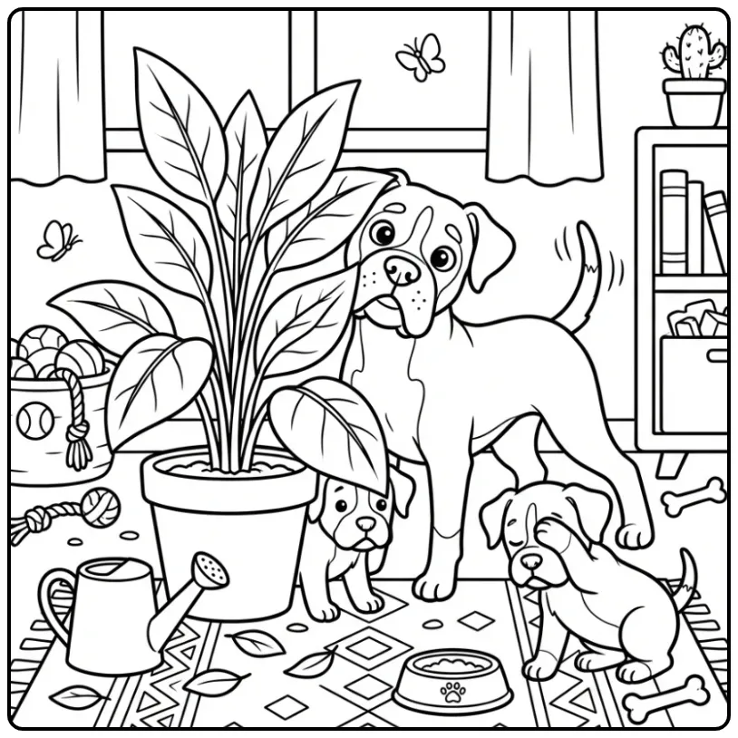 Boxer en kleurplaat honden puppies achter een plant.