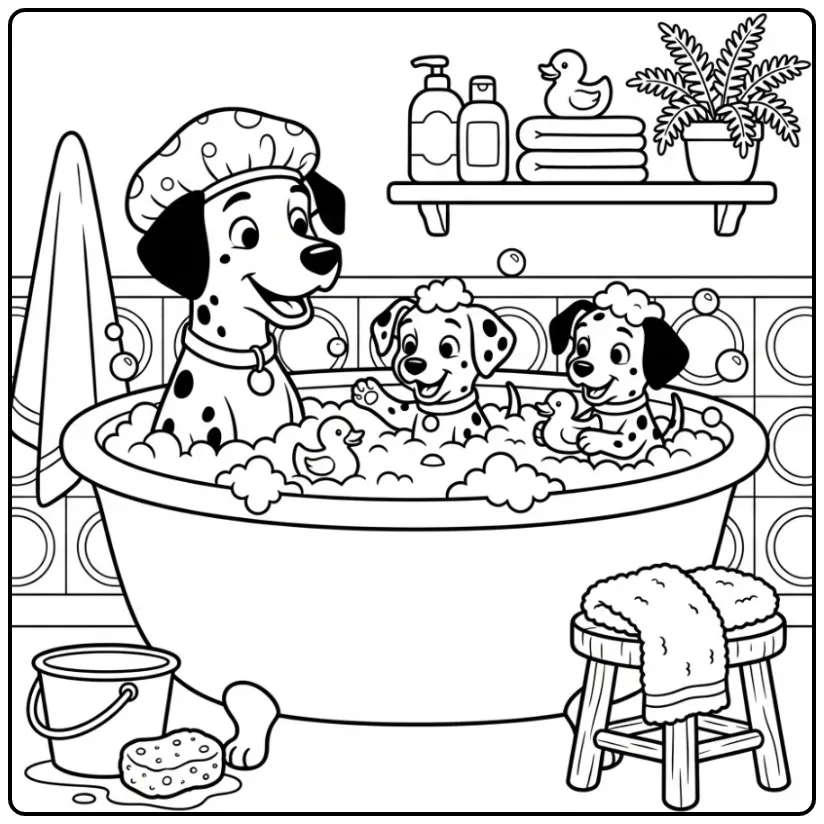 Schattige kleurplaat honden puppies in een bubbelbad.