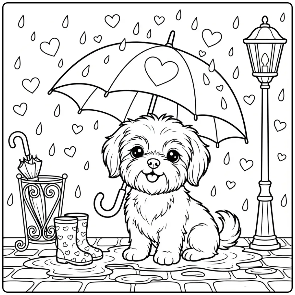 Kleurplaat hondje met hartje onder een paraplu in de regen.