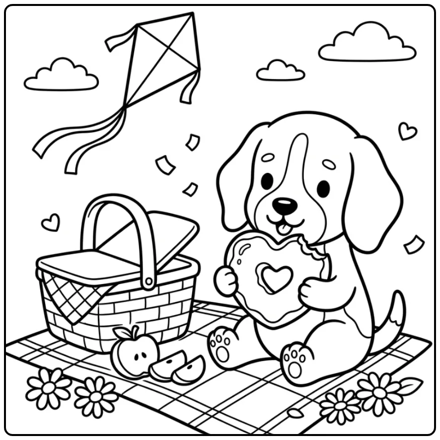 Een schattige kleurplaat hondje met hartje en donut.