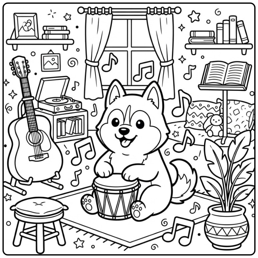 Een schattige kleurplaat husky die op een trommel speelt.