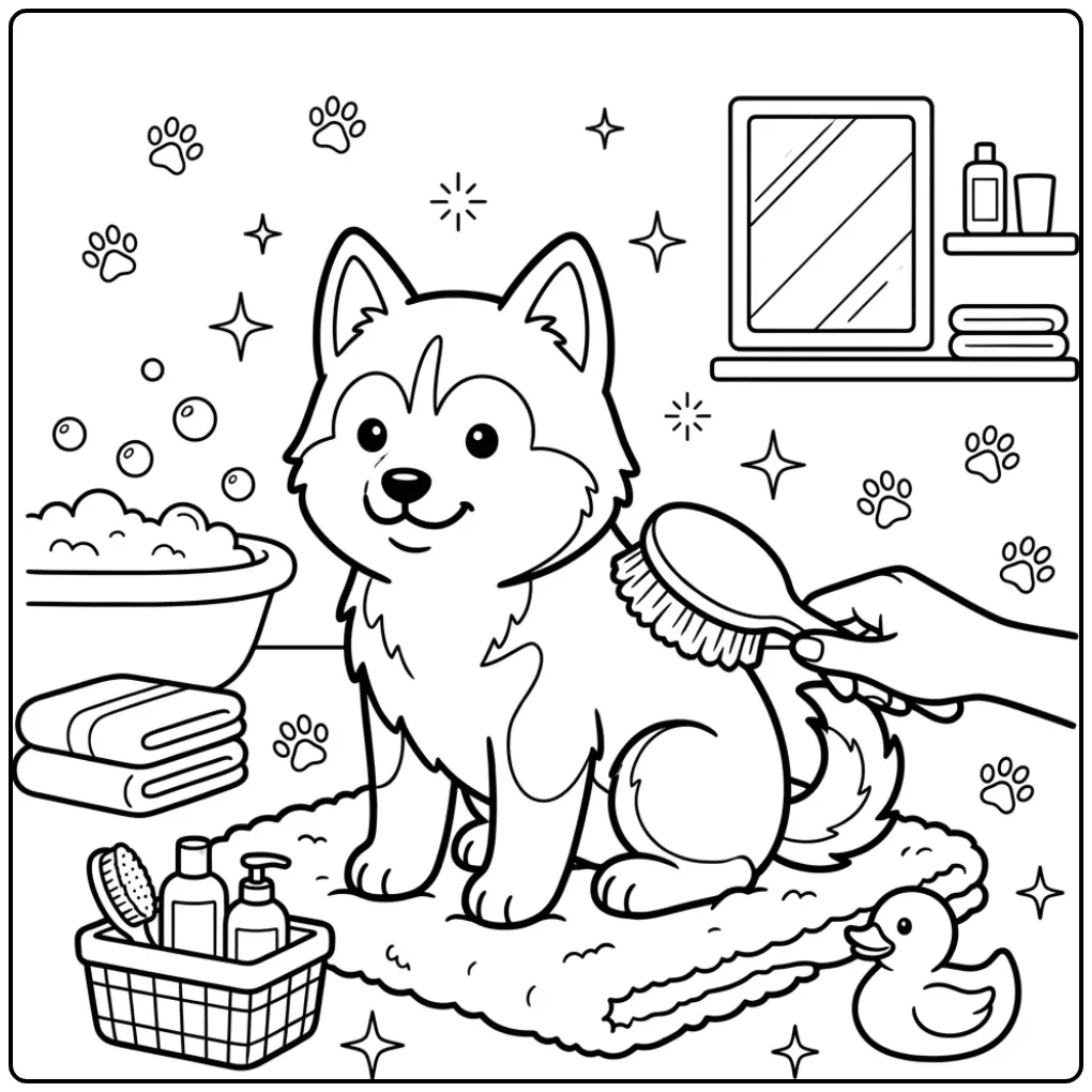 Een schattige kleurplaat husky puppy die geborsteld wordt.