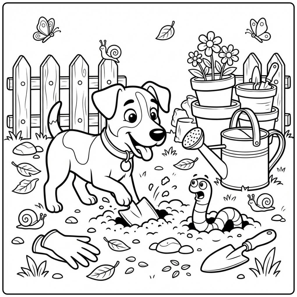 Vrolijke kleurplaat jack russel die in de tuin aan het graven is.