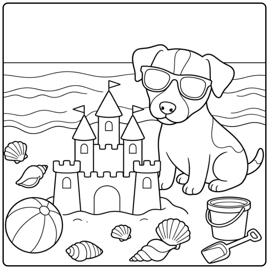 Een coole kleurplaat jack russel met zonnebril op het strand.