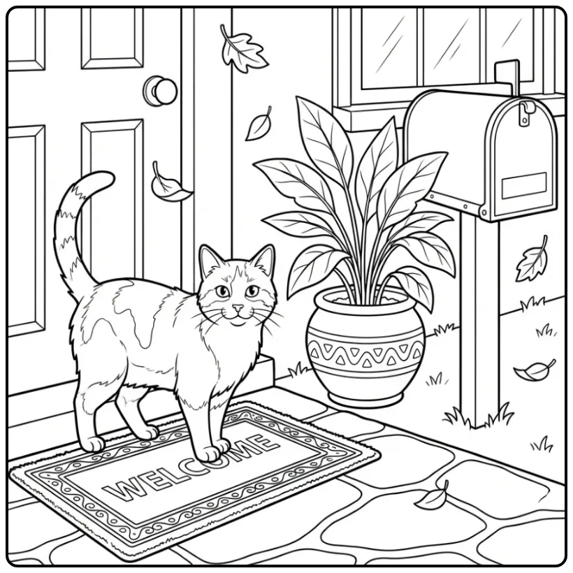 Een kleurplaat kat op de stoep bij een deurmat en plant.