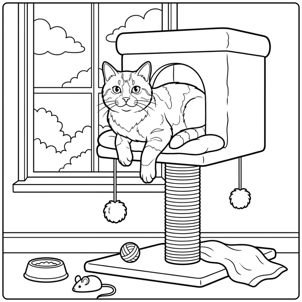 Een gedetailleerde kleurplaat kat in zijn krabpaal huisje